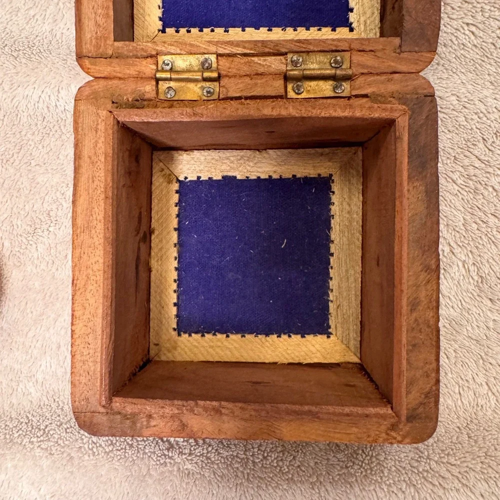 Hand Carved Floral Wood Trinket Jewelry Box Boho Whimsygoth India Brass Inlay